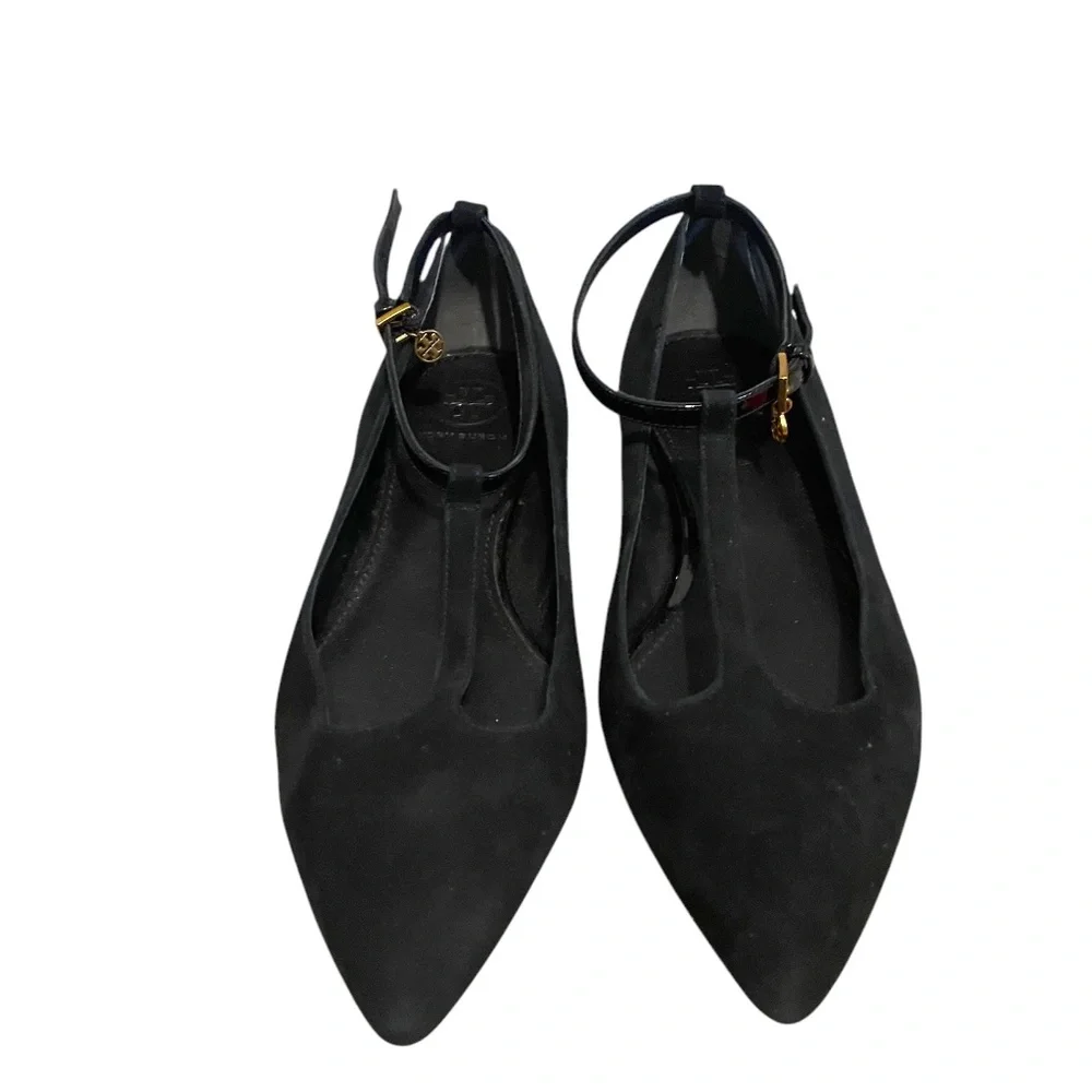 Tory‎ Burch T Straps Suede & Patent Black Leather women's Shoes, Size 6M